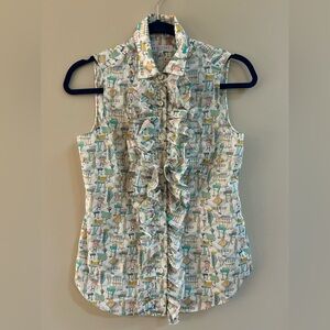 Hadleigh's Italy Ruffled Button Down Patterned Sleeveless Blouse